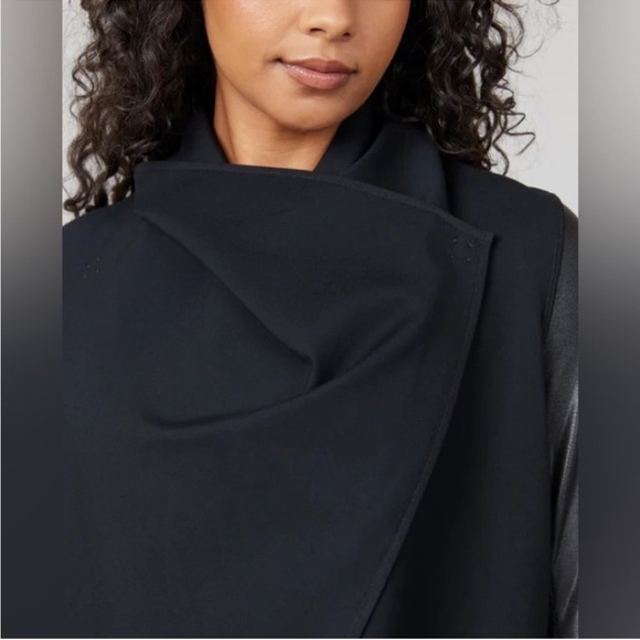 SPANX Faux Leather Convertible Jacket Black Coat Snap Drape Front Size XS - Picture 12 of 12